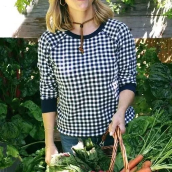 Draper James Sweatshirt Women’s Size Small Navy White Gingham Check Natalie Top - Picture 6 of 11